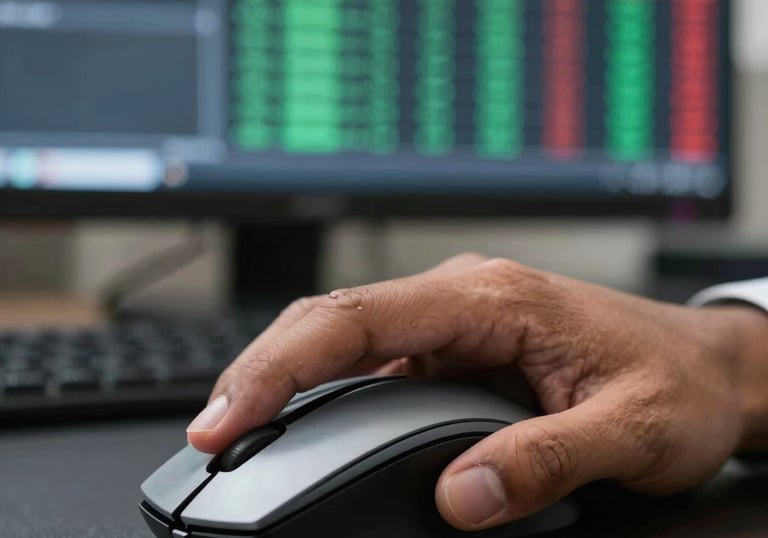 A close-up photograph of a professional's hand using a high-end mouse on a dark desk, with a blurred financial terminal showing green and red market indicators in the background. South Asian office setting.