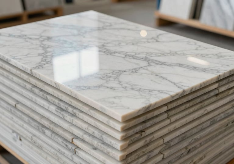 A stack of premium Carrara marble tiles reflecting soft, bright light in a clean, professional North American warehouse setting. High-quality textures and elegant patterns.