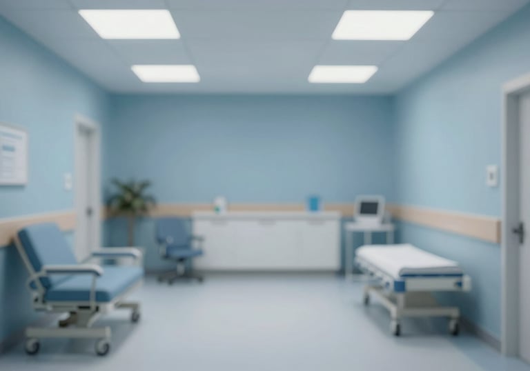 A tranquil patient recovery area within the clinic, designed with sophisticated muted blues (#4A7C8C) and soft lighting to show patient-centric care.