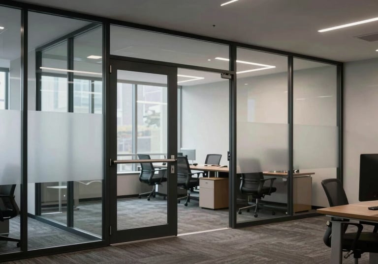 A clean, modern office interior in North American &amp;#x2F; US - Pacific Northwest with a sleek glass door and partition.