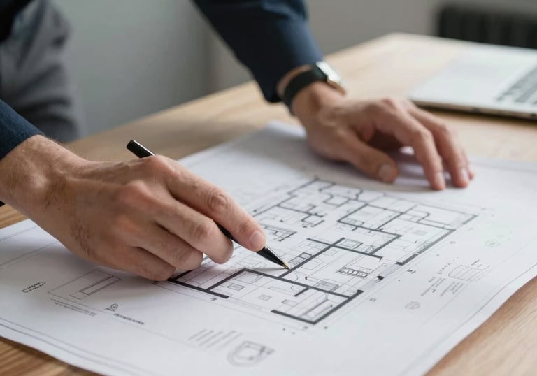 A close-up of a professional architect's hands reviewing detailed building blueprints on a wooden desk in a modern London office.