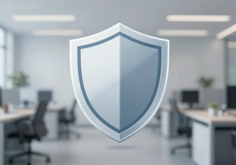 A sleek, semi-transparent digital shield icon over a blurred professional office background, modern and trustworthy, using #F2F4F7 and #33415C tones.