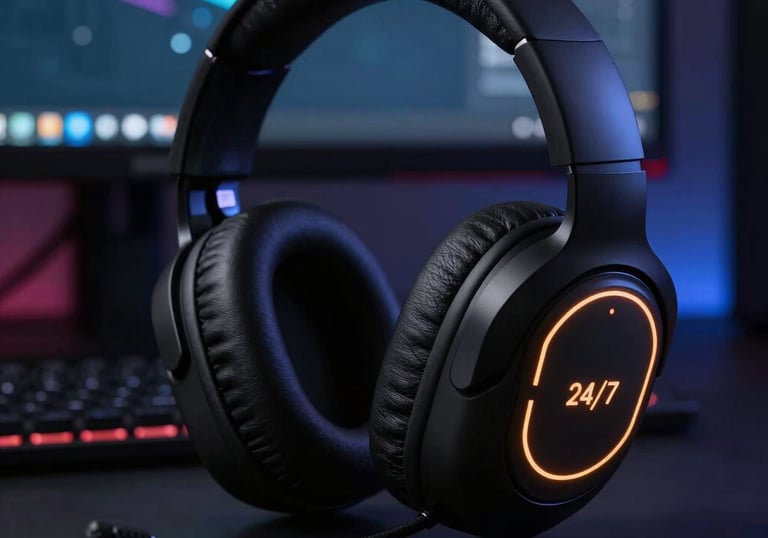 A sleek neon red headset icon representing 24/7 customer support on a dark gaming background.