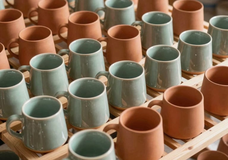 Rows of newly glazed warm terracotta and sage green ceramic mugs drying on wooden drying racks in a sun-lit studio in North America.