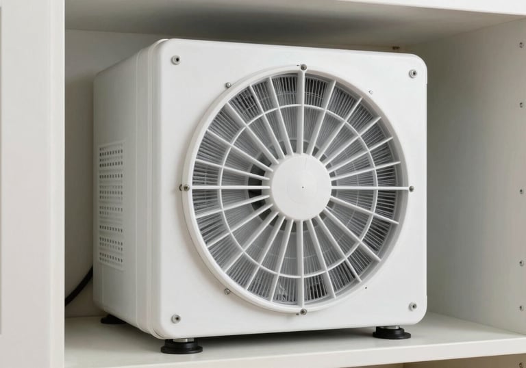 A pristine, newly installed indoor air filtration system inside a utility closet of a North American home. Bright and clean.