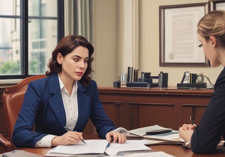 Professional consultation between a patent attorney and a client in a bright office.