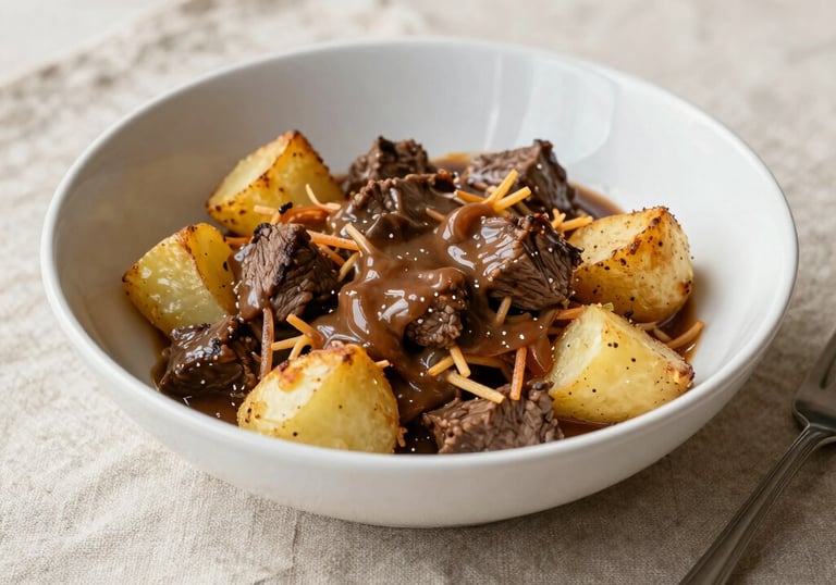 A classic Brazilian beef stroganoff with crispy straw potatoes, served in an elegant white bowl on a linen placemat. Soft natural lighting.
