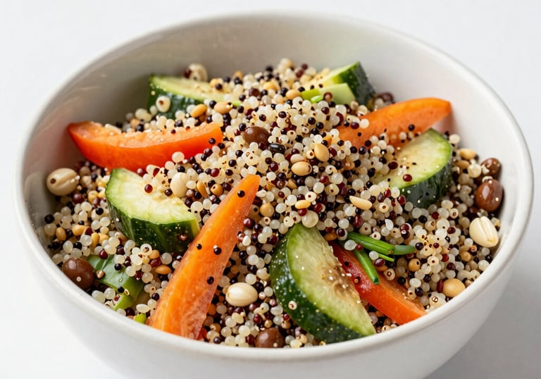 A vibrant and fresh quinoa salad with colorful vegetables and seeds, beautifully arranged in a modern bowl, clean and bright photography.