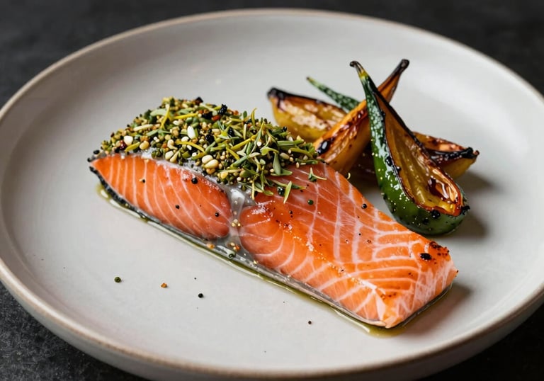A sophisticated salmon fillet with a herb crust and roasted vegetables, presented in a minimalist ceramic dish, professional culinary photography, South American style.