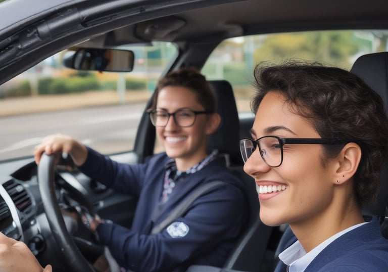 A learner practicing parking maneuvers in an empty parking lot with instructor support.