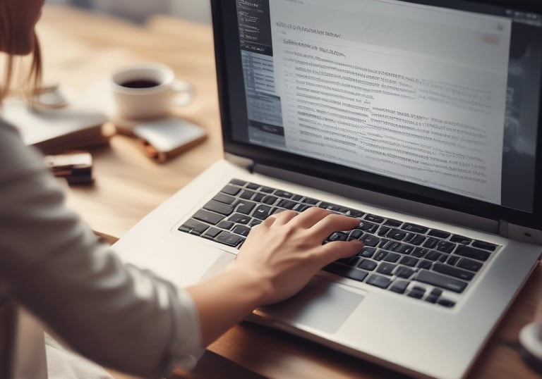 A cozy workspace with a laptop, notebook, and coffee cup, ready for writing.
