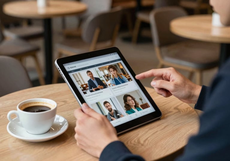 A content creator in a Western European cafe using a tablet to analyze social media engagement while drinking coffee. The table is light-colored wood.