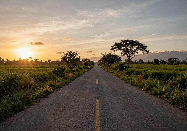 A symbolic photograph of a Latin American rural path at sunset, representing the journey of migration and the pursuit of leadership.