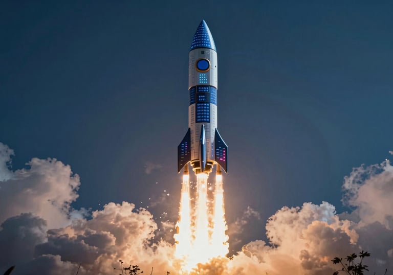 An conceptual graphic showing a rocket launch composed of digital data blocks, signifying scalable growth and high performance in SAP solutions, using #0A2239 and #F8F9FA.