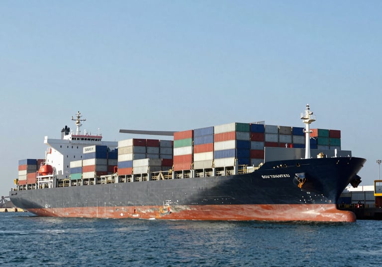 A wide photography shot of a large, modern cargo ship being loaded at a bustling South Asian port under a clear, light blue sky. The scene is massive and orderly, representing global reach and logistical strength.