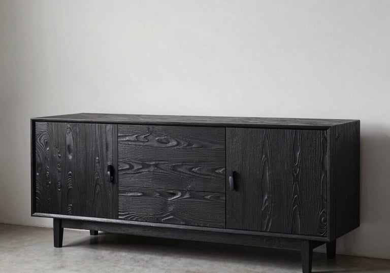 Interior design shot of a minimalist Dutch living room featuring a sideboard wrapped in a realistic dark wood-grain foil texture.