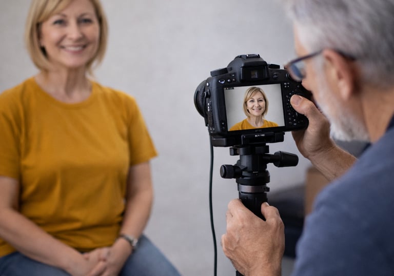Professional photographer using a DSLR camera on a tripod to take a portrait of a smiling woman.