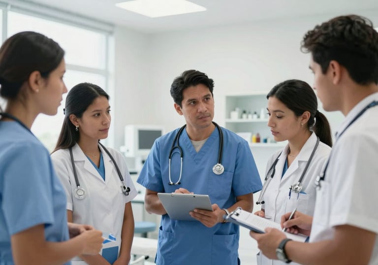 A group of South American healthcare professionals collaborating in a bright, modern, and clean medical facility with minimalist decor.