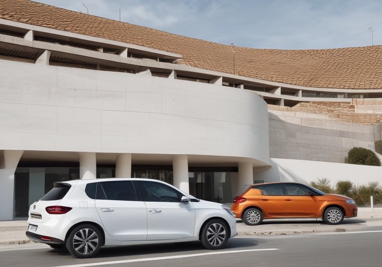 Modern taxi vehicle waiting outside Asturias airport terminal at sunset.