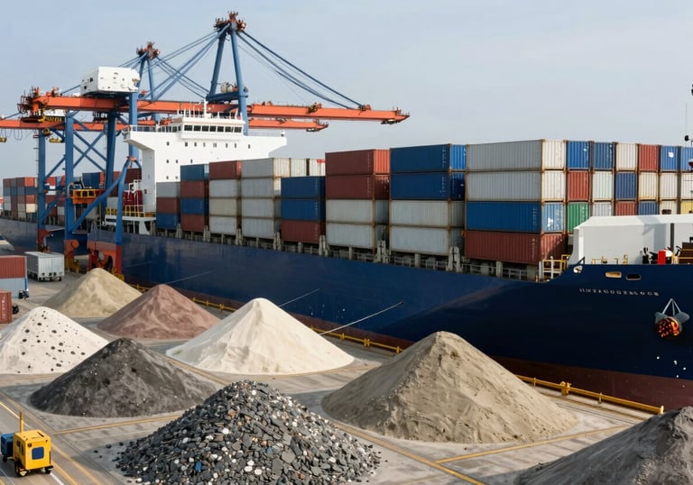 A professional shipping port at midday, massive container ships being loaded with raw mineral commodities, structured and efficient composition, global professional setting.