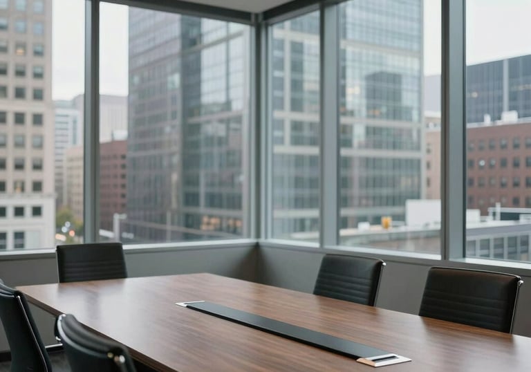 A perspective view of a modern urban boardroom in a North American city, reflecting sophistication, trustworthiness, and large glass windows.