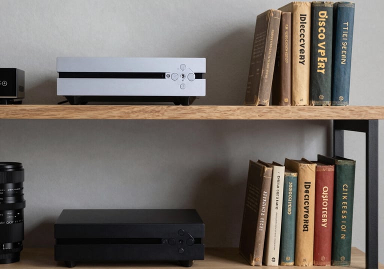 A minimalist shelf in a North American study featuring a neat arrangement of modern gaming consoles and vintage books, symbolizing discovery.