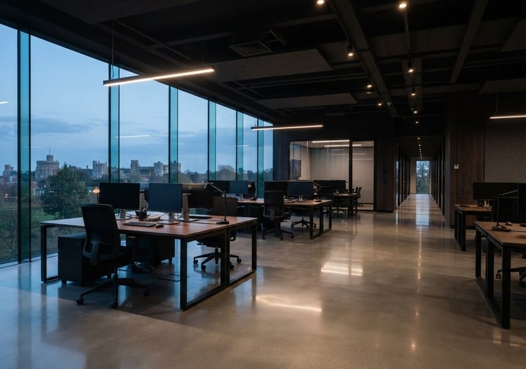 After janitorial staff wiping down desks and sanitizing a modern office workspace.