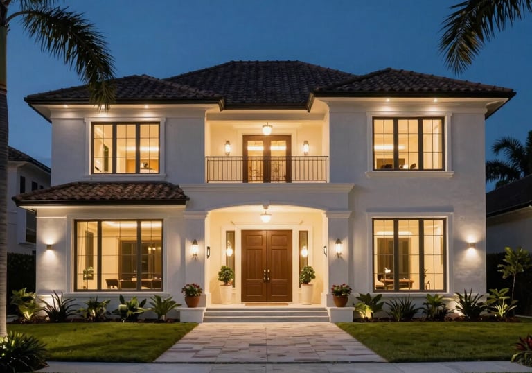 Exterior of a modern North American / US (Florida) luxury home at night, illuminated by expertly designed landscape and architectural lighting.