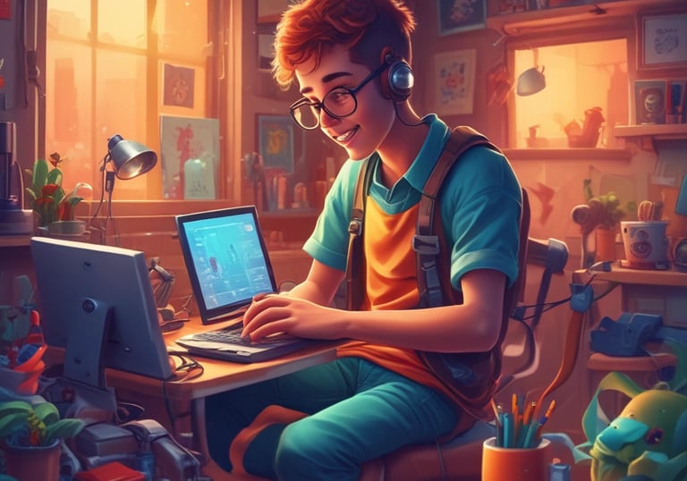 Modern office workspace with people collaborating on AI technology projects.