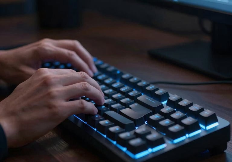 Close-up of a software engineer's hands typing on a mechanical keyboard with subtle sky blue backlighting. The scene is a focused, dark North American home office at night.