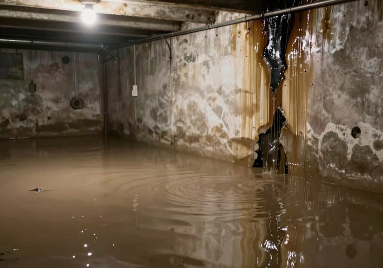 Professional drying equipment set up in a flooded basement to remove moisture.