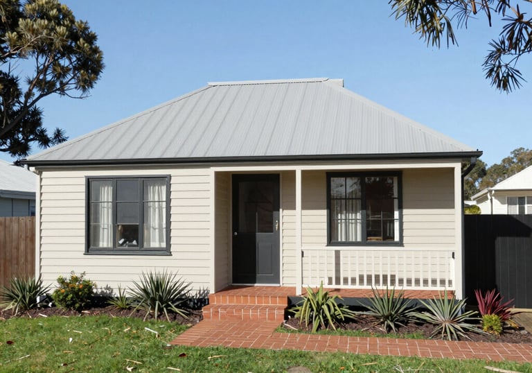 A construction site with workers framing a wooden house under a bright sky.