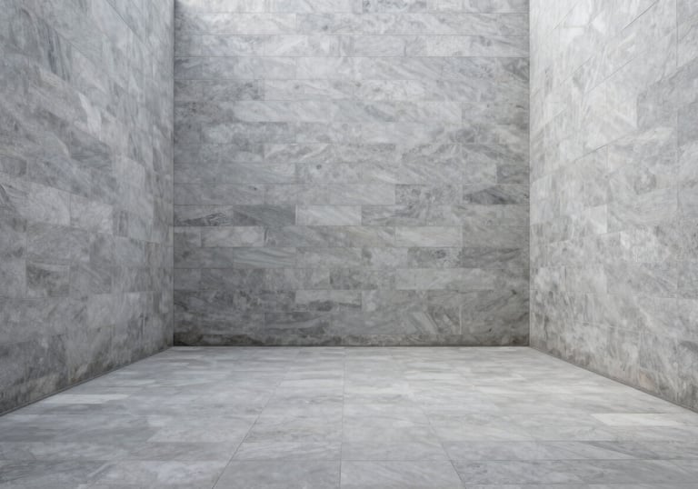 A serene empty courtyard with symmetrical clean lines and softest grey stone walls, evoking a sense of calm and clarity.