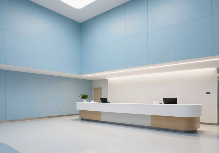 An wide-angle shot of a state-of-the-art medical facility interior in the US, featuring clean lines, light sky blue wall panels, and a modern, airy reception area.