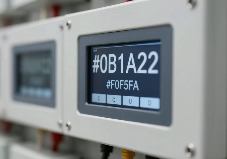 A protection and measurement panel with digital displays showing electrical metrics. Clean, professional look with a focused depth of field. Colors include #0B1A2A and #F0F5F9.