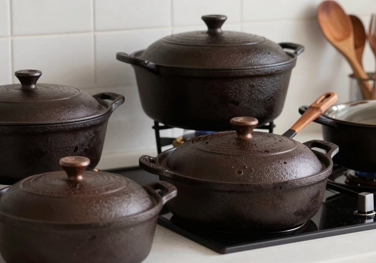 Close-up photography of premium cast iron cookware and wooden utensils in a modern South American / Brazilian kitchen with dark cocoa accents. Soft lighting, sophisticated feel.