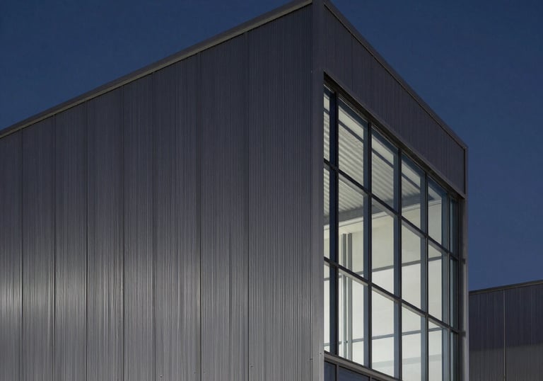 Clean, minimalist architectural photography of a modern sustainable industrial building facade, carbon gray steel and glass, deep navy twilight sky.