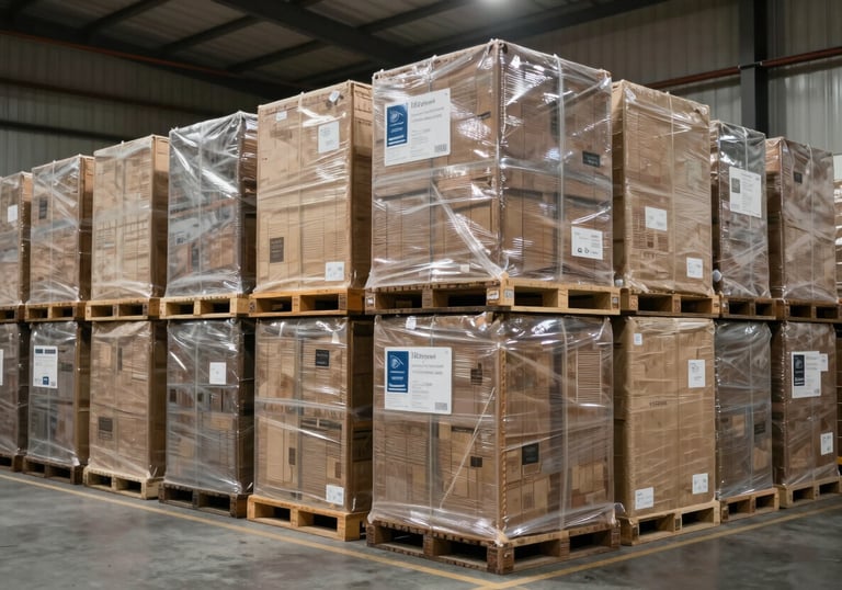 A large-scale logistics warehouse with neatly stacked crates of equipment ready for international shipment, representing strategic partnership and scale.