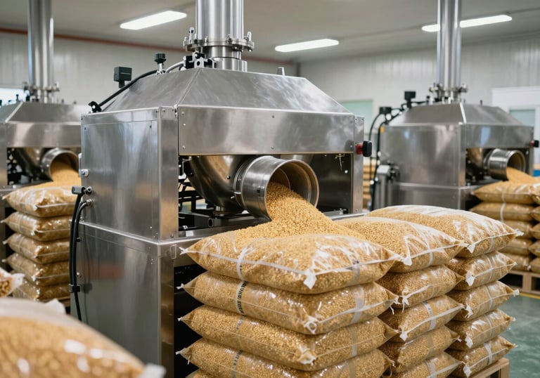 An interior shot of a clean, modern agricultural processing facility. Stainless steel machinery and neatly stacked export-grade bags of grain are visible, showcasing professionalism and modern B2B export capabilities.