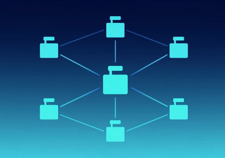 A minimalist graphic of interconnected network nodes and firewall symbols, representing IT infrastructure and networking. Cyan (#00BCD4) and light blue (#E0F2F1) on dark navy.