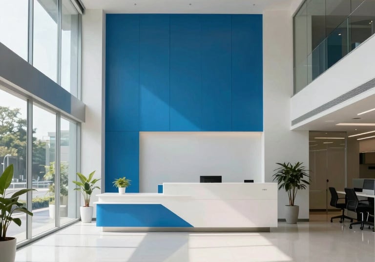 The minimalist, professional lobby of a technology firm in Pune, India. The space is clean with glass walls, bright blue accents, and a modern reception area lit by natural daylight.