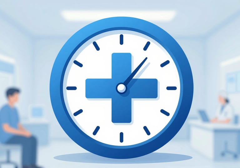 A conceptual image showing a digital clock merging with a medical cross, symbolizing fast and efficient medical care. Clean flat design style with #5BA8A1 and #1E5C6B palette.