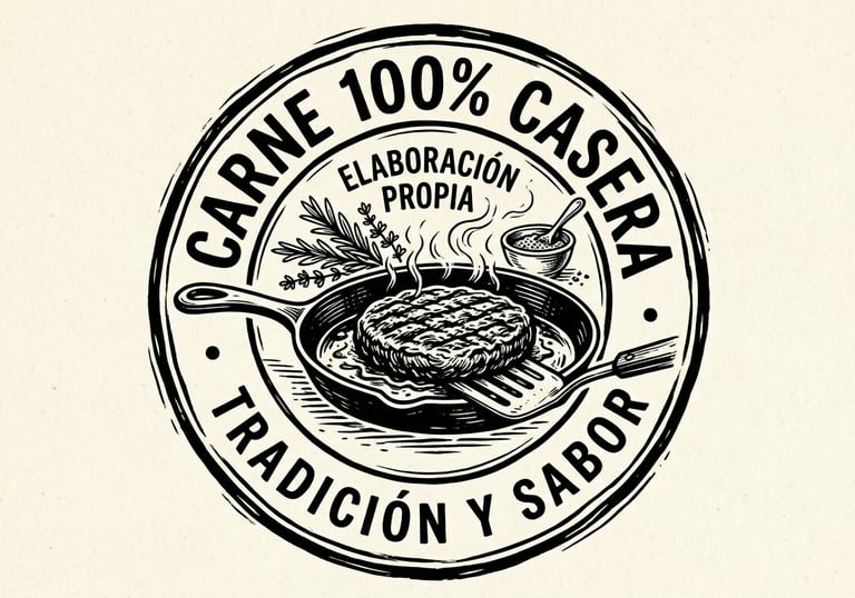 Logotipo de hamburguesa de estilo vintage con una hamburguesa chisporroteando en una sartén.