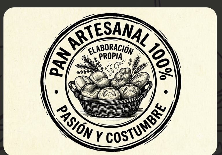 Logotipo vintage en blanco y negro para pan 100% artesanal, que muestra una cesta de panecillos.
