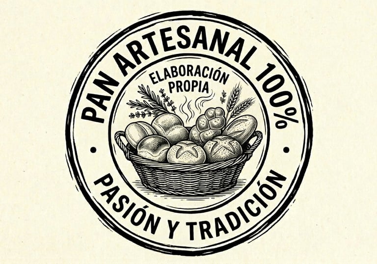 Logotipo vintage en blanco y negro para pan 100% artesanal que muestra una cesta de panecillos..