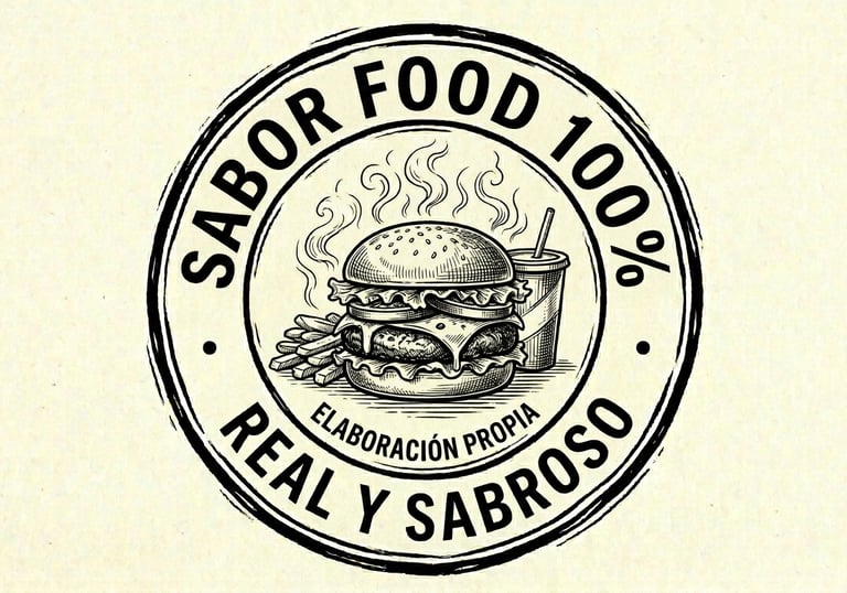Logotipo vintage de hamburguesa con papas fritas y refresco con el texto en español Sabor Food.