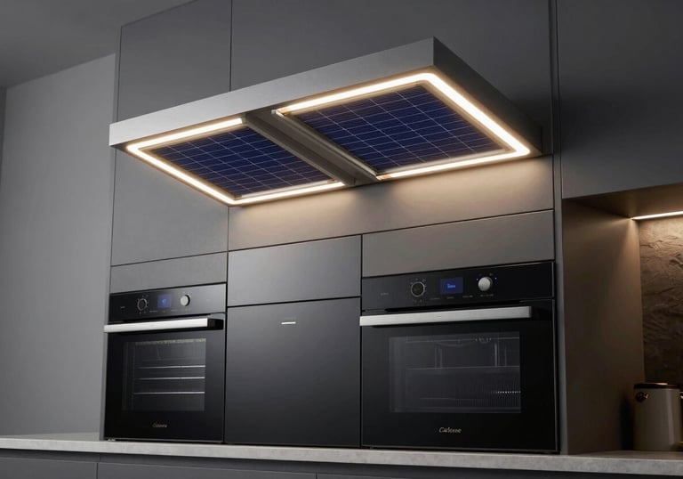 A sleek, modern kitchen setting showcasing energy-efficient electrical home appliances and integrated solar-powered lighting fixtures.
