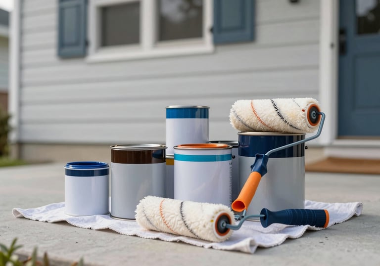 A close-up photograph of multiple paint cans and professional grade rollers on a drop cloth, set against a freshly painted North American home exterior.