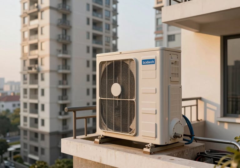 An outdoor condenser unit being serviced on a balcony in a high-rise Noida residential complex during golden hour lighting.