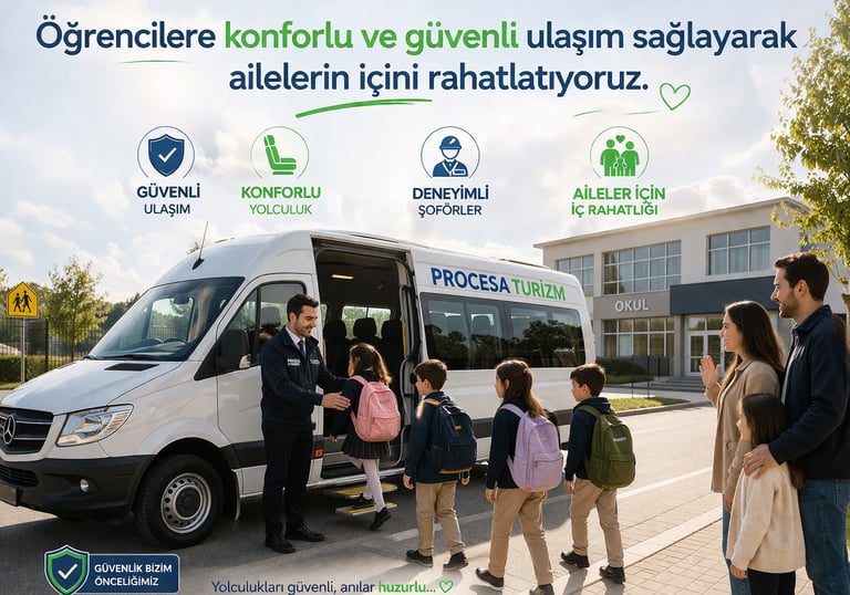 Safe school shuttle service showing students boarding a Procesa Turizm van with parents watching.
